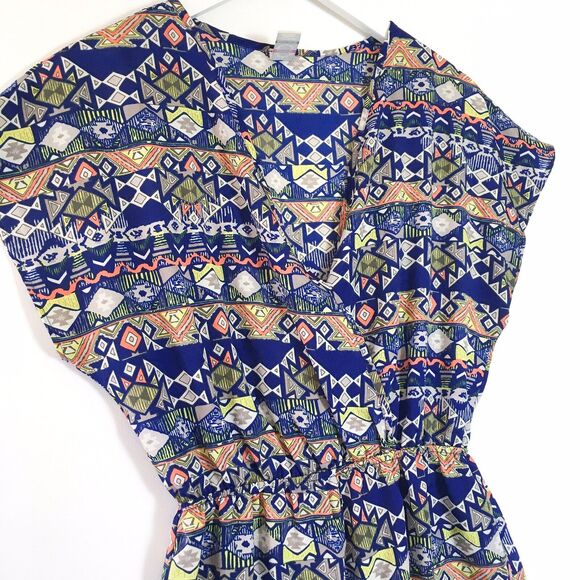 Love Republic Women S Romper Blue Aztec Geometric Batwing V Neck Cinched Waist - Picture 2 of 4